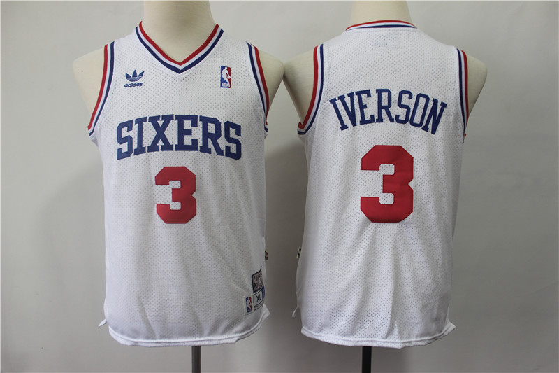 76ers 3 Allen Iverson White Youth Hardwood Classics Throwback Jersey