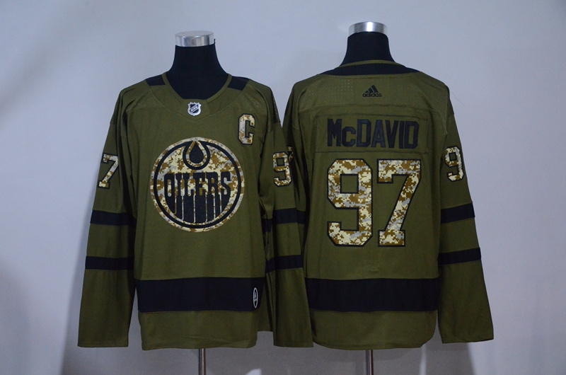  NHL Edmonton Oilers 97 Connor McDavid Army Green Salute To Service Ice Hockey Jerseys