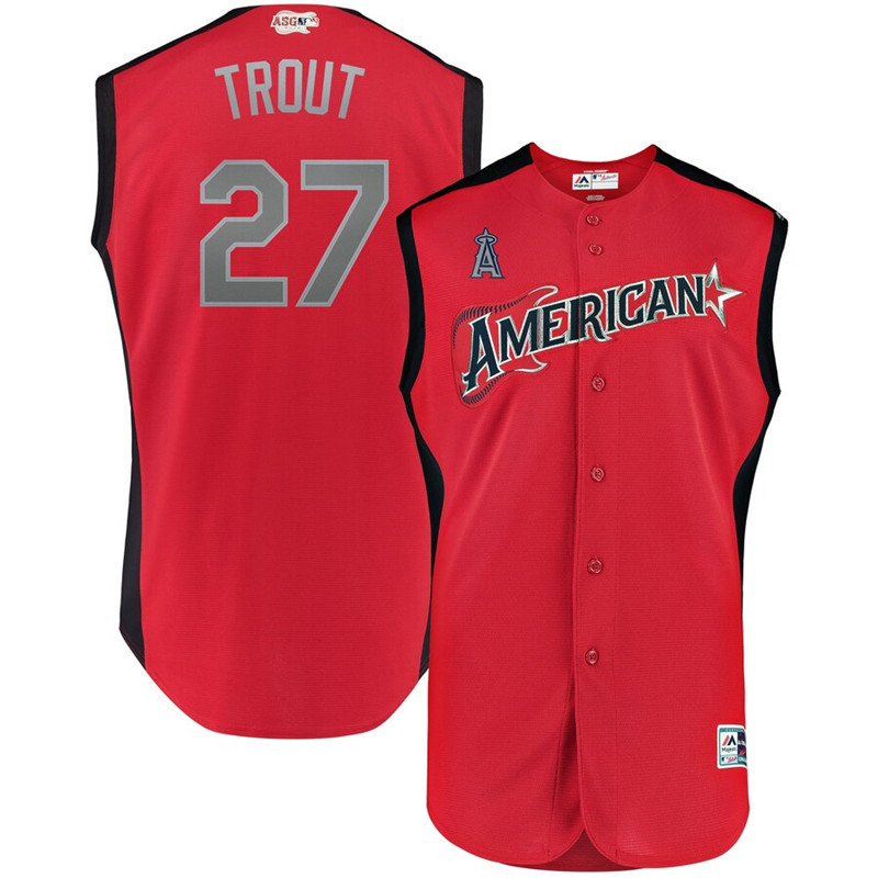 American League 27 Mike Trout Red Youth 2019 MLB All Star Game Workout Player Jersey