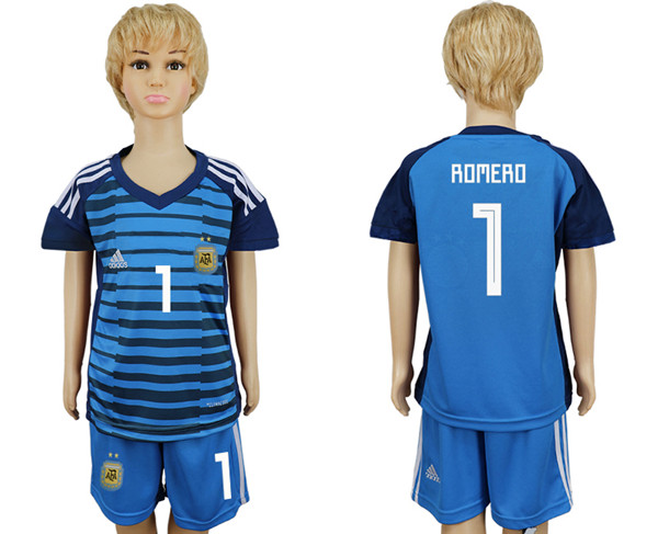 Argentina 1 ROMERO Lake Blue Goalkeeper Youth 2018 FIFA World Cup Soccer Jersey