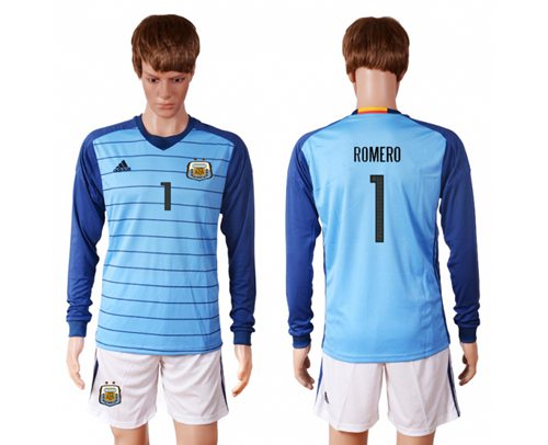 Argentina 1 Romero Blue Goalkeeper Long Sleeves Soccer Country Jersey
