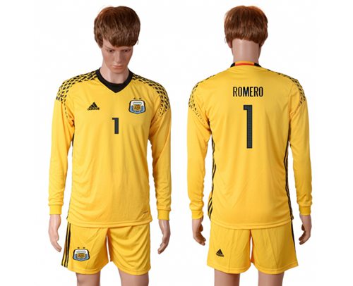 Argentina 1 Romero Yellow Goalkeeper Long Sleeves Soccer Country Jersey
