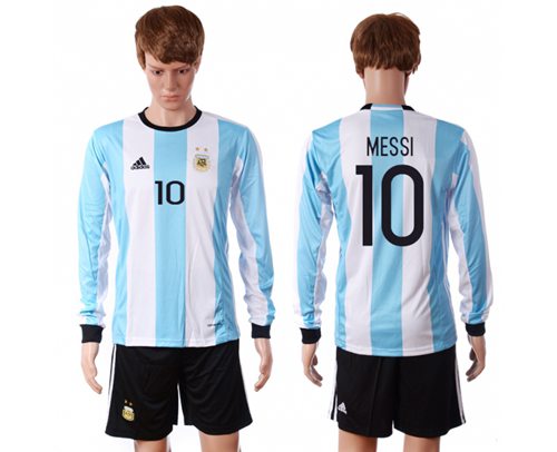 Argentina 10 Messi Home Long Sleeves Soccer Country Jersey