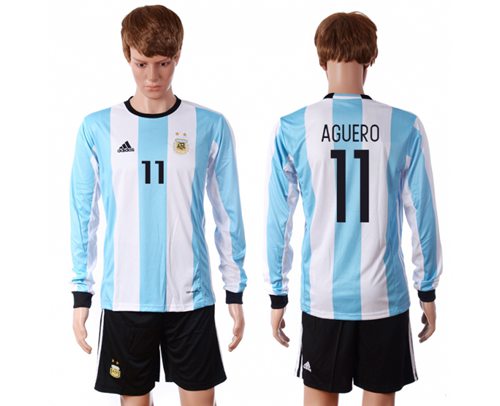 Argentina 11 Aguero Home Long Sleeves Soccer Country Jersey