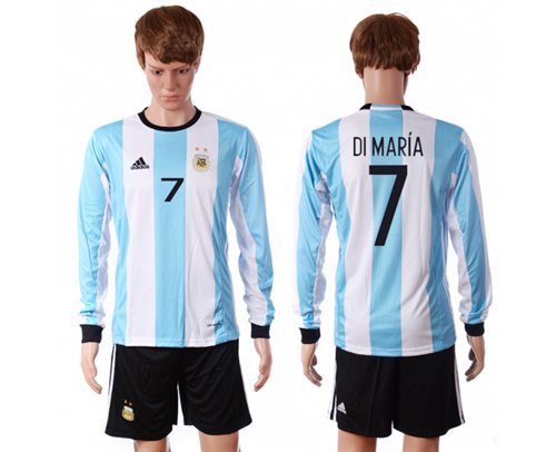 Argentina 7 Di Maria Home Long Sleeves Soccer Country Jersey
