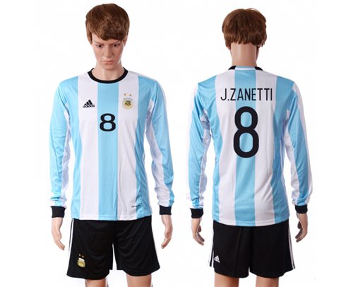 Argentina 8 J Zanetti Home Long Sleeves Soccer Country Jersey