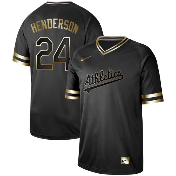 Athletics 24 Rickey Henderson Black Gold Nike Cooperstown Collection Legend V Neck Jersey