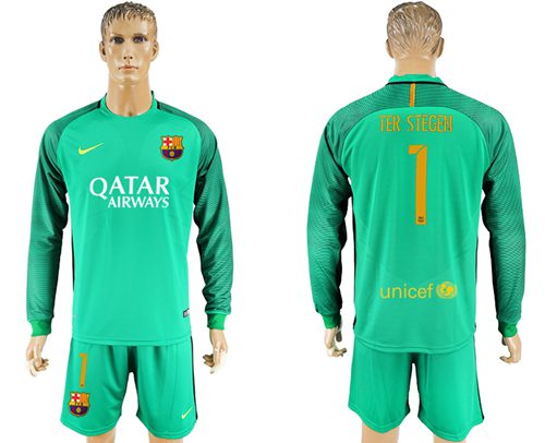 Barcelona 1 Ter Stegen Green Goalkeeper Long Sleeves Soccer Club Jersey