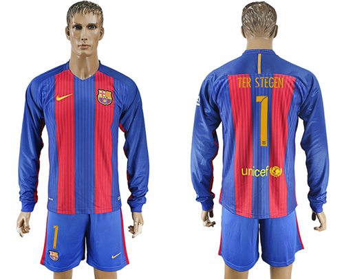 Barcelona 1 Ter Stegen Home Long Sleeves Soccer Club Jersey