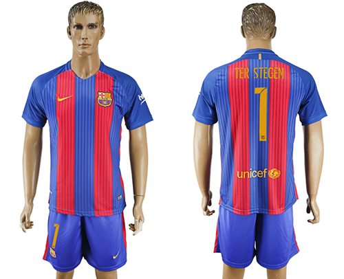 Barcelona 1 Ter Stegen Home With Blue Shorts Soccer Club Jersey