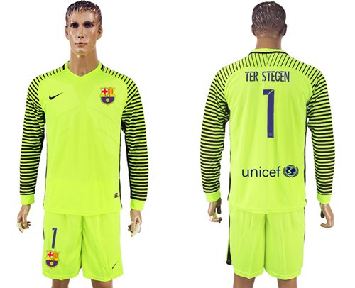 Barcelona 1 Ter Stegen Shiny Green Goalkeeper Long Sleeves Soccer Club Jersey
