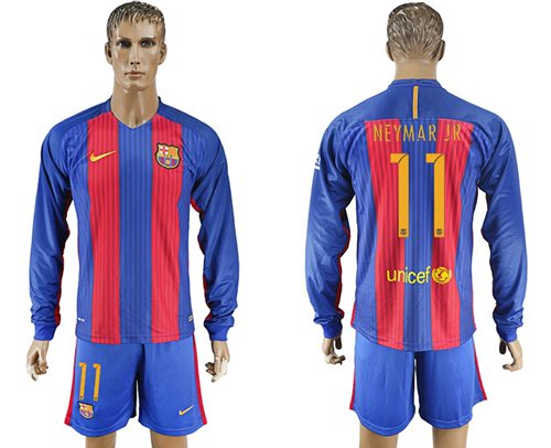 Barcelona 11 Neymar Jr Home Long Sleeves Soccer Club Jersey