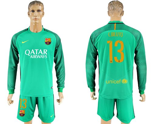 Barcelona 13 C Bravo Green Goalkeeper Long Sleeves Soccer Club Jersey