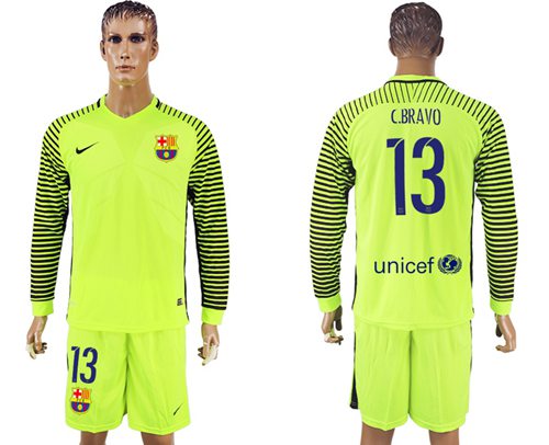 Barcelona 13 C Bravo Shiny Green Goalkeeper Long Sleeves Soccer Club Jersey