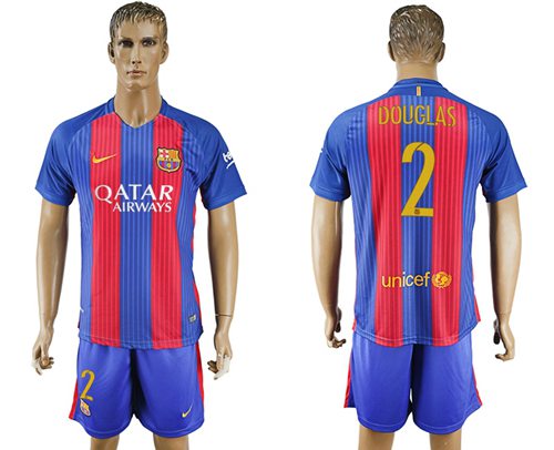Barcelona 2 Douglas Home With Blue Shorts Soccer Club Jersey