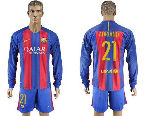 Barcelona 21 Adriano Home Long Sleeves Soccer Club Jersey