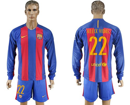 Barcelona 22 Aleix Vidal Home Long Sleeves Soccer Club Jersey