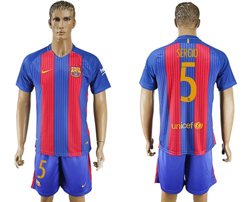 Barcelona 5 Sergio Home With Blue Shorts Soccer Club Jersey