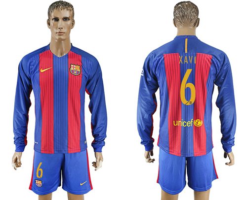 Barcelona 6 Xavi Home Long Sleeves Soccer Club Jersey