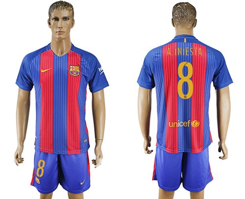 Barcelona 8 A Iniesta Home With Blue Shorts Soccer Club Jersey