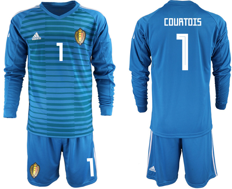 Belgium 1 COURTOIS Blue 2018 FIFA World Cup Long Sleeve Goalkeeper Soccer Jersey