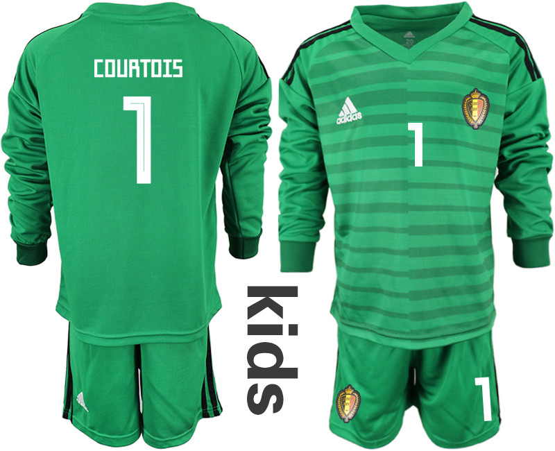 Belgium 1 COURTOIS Green Youth 2018 FIFA World Cup Long Sleeve Goalkeeper Soccer Jersey