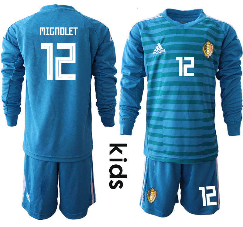 Belgium 12 MIGNOLET Blue Youth 2018 FIFA World Cup Long Sleeve Goalkeeper Soccer Jersey
