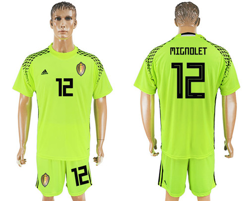 Belgium 12 MIGNOLET Fluorescent Green Goalkeeper 2018 FIFA World Cup Soccer Jersey