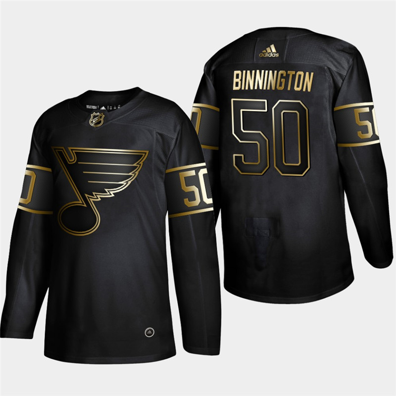 Blues 50 Jordan Binnington Black Gold Adidas Jersey