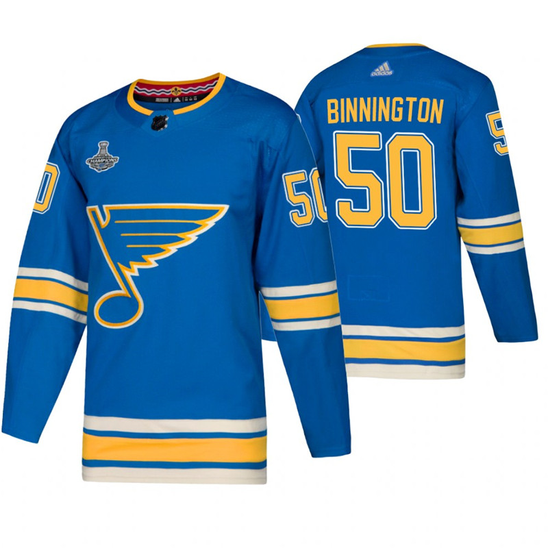 Blues 50 Jordan Binnington Blue Alternate 2019 Stanley Cup Champions Adidas Jersey