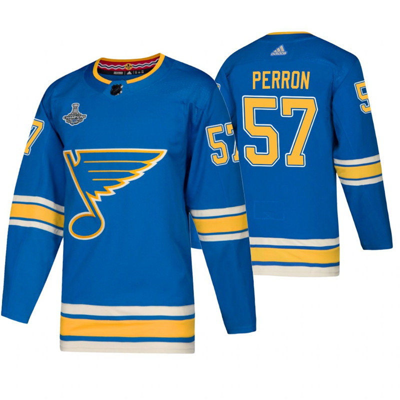 Blues 57 David Perron Blue Alternate 2019 Stanley Cup Champions Adidas Jersey