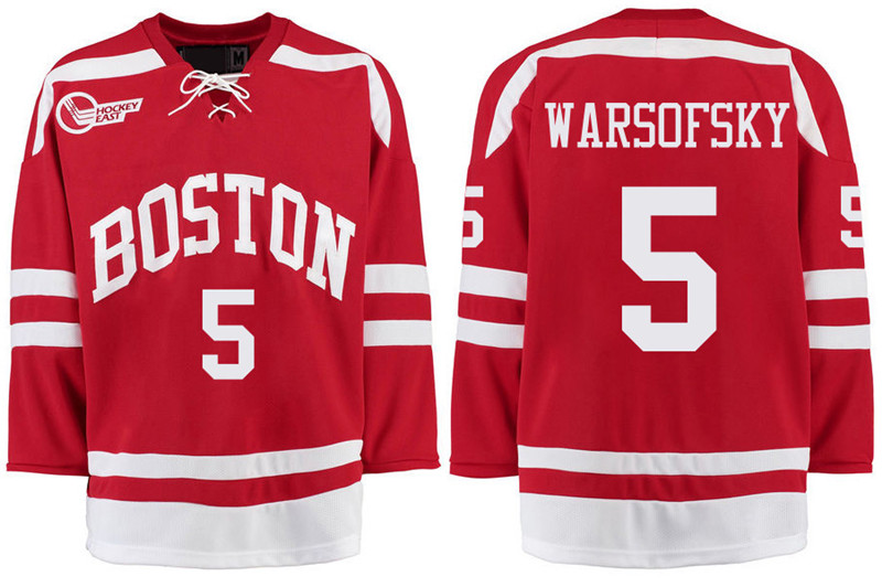 Boston University Terriers BU 5 David Warsofsky Red Stitched Hockey Jersey