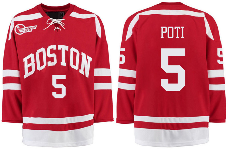 Boston University Terriers BU 5 Tom Poti Red Stitched Hockey Jersey