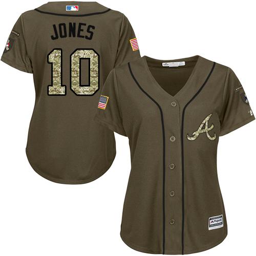 Braves 10 Chipper Jones Green Salute to Service Women Stitched MLB Jersey