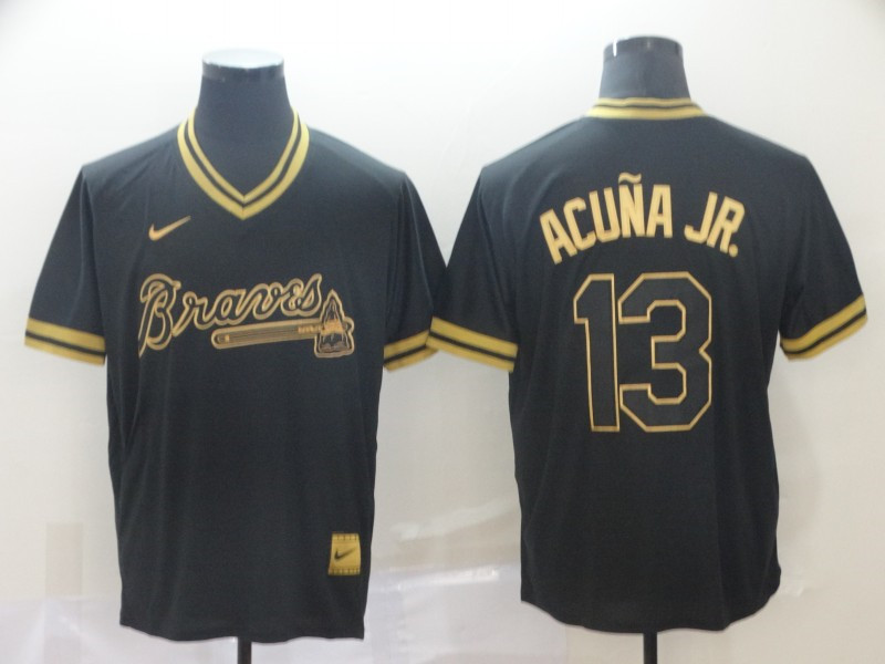 Braves 13 Ronald Acuna Jr Black Gold Nike Cooperstown Collection Legend V Neck Jersey