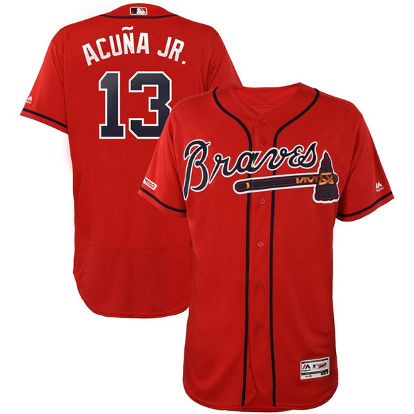 Braves 13 Ronald Acuna Jr. Red 150th Patch Flexbase Jersey