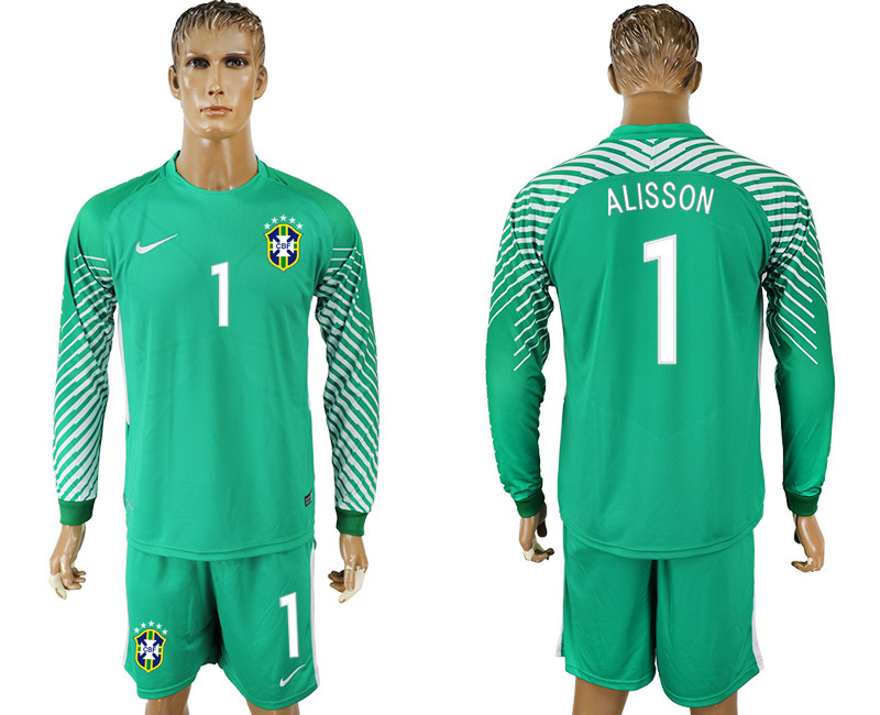 Brazil 1 ALISSON Green Goalkeeper 2018 FIFA World Cup Long Sleeve Soccer Jersey
