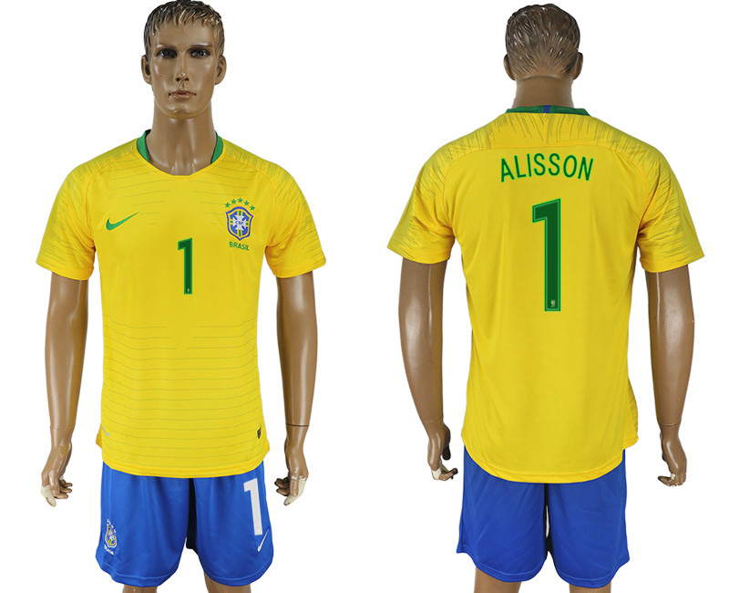 Brazil 1 ALISSON Home 2018 FIFA World Cup Soccer Jersey