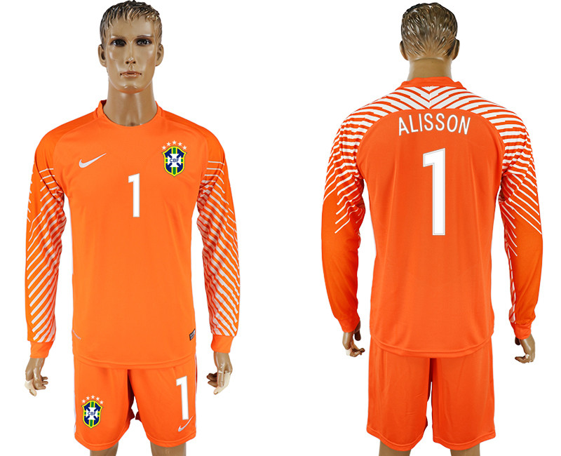 Brazil 1 ALISSON Orange Goalkeeper 2018 FIFA World Cup Long Sleeve Soccer Jersey