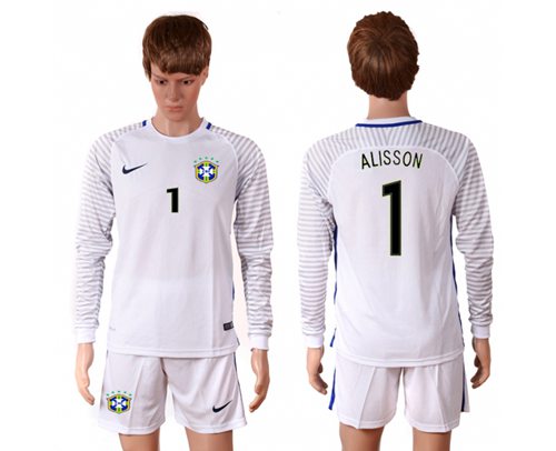 Brazil 1 Alisson White Goalkeeper Long Sleeves Soccer Country Jersey