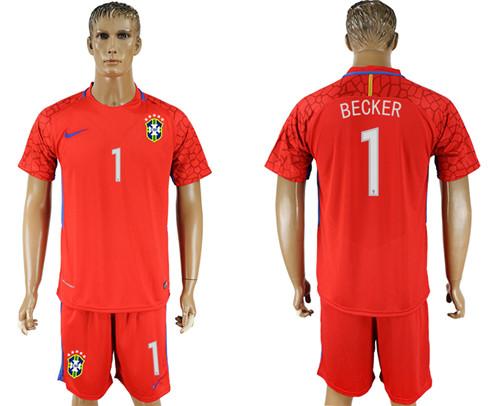 Brazil 1 BECKER Red Goalkeeper 2018 FIFA World Cup Soccer Jersey
