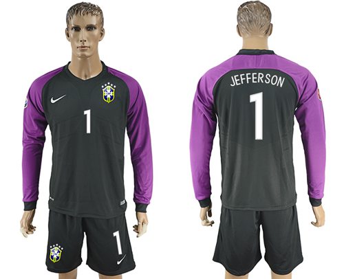 Brazil 1 Jefferson Black Goalkeeper Long Sleeves Soccer Country Jersey