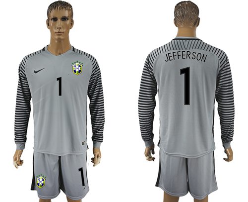 Brazil 1 Jefferson Grey Goalkeeper Long Sleeves Soccer Country Jersey