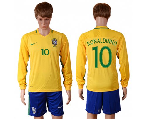 Brazil 10 Ronaldinho Home Long Sleeves Soccer Country Jersey
