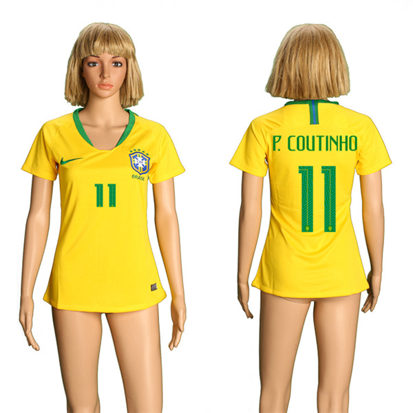 Brazil 11 P. COUTINHO Home Women 2018 FIFA World Cup Soccer Jersey