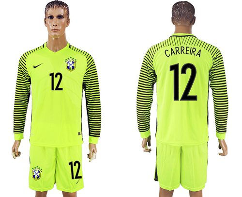 Brazil 12 Carreira Green Long Sleeves Goalkeeper Soccer Country Jersey