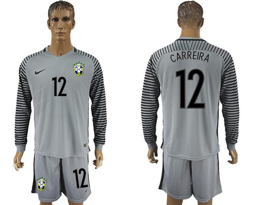 Brazil 12 Carreira Grey Goalkeeper Long Sleeves Soccer Country Jersey
