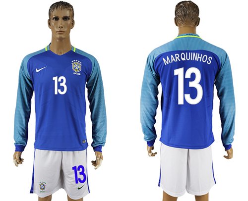 Brazil 13 Marquinhos Away Long Sleeves Soccer Country Jersey