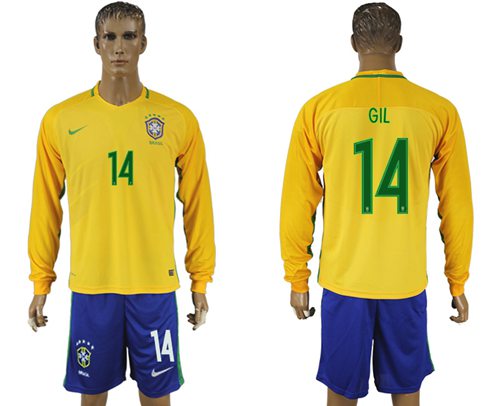 Brazil 14 GIL Home Long Sleeves Soccer Country Jersey