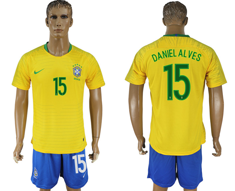 Brazil 15 DANIEL ALVES Home 2018 FIFA World Cup Soccer Jersey